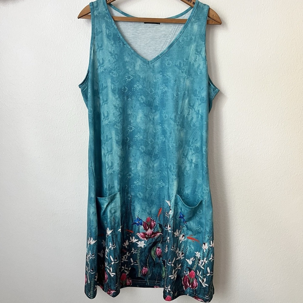 Ofeefan Womens Teal Blue Floral Border Print V-Neck Sleeveless Pocket Dress L